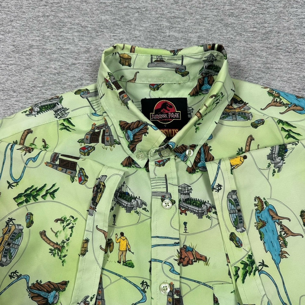 RSVLTS Jurassic Park Shirt Mens Small Green Park Map Stretch Button Down